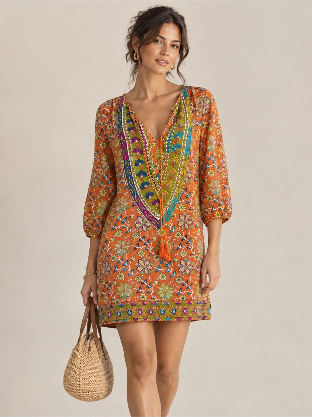 TOLANI 100% Silk Orange Floral V-Neck Tunic Cover-Up